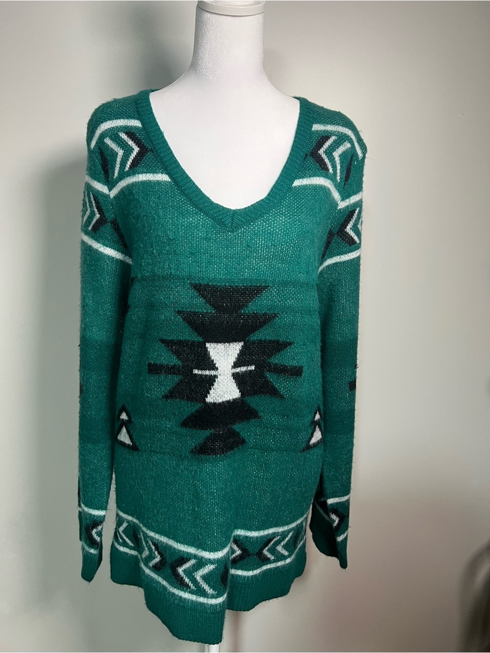 Teal Aztec V-Neck Sweater